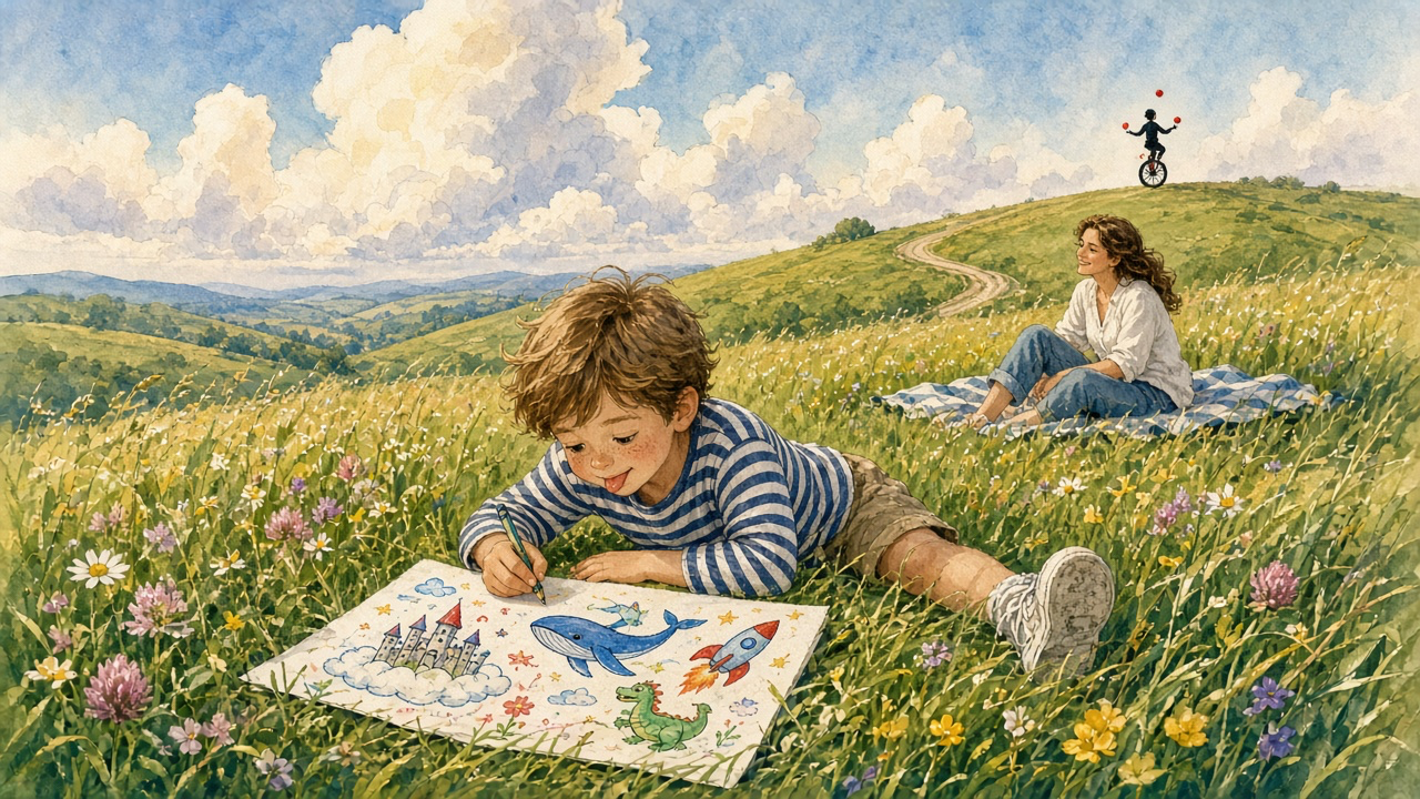 A boy of about seven lies on his stomach in the grass, drawing his future fantasy land in bright crayons: castles on clouds, a flying whale, a rocket, a dragon. He is lost in it, tongue out. Further off, his mother sits on a picnic blanket and watches him with a loving smile. Far away on the hill road, tiny: a figure on a unicycle, juggling.